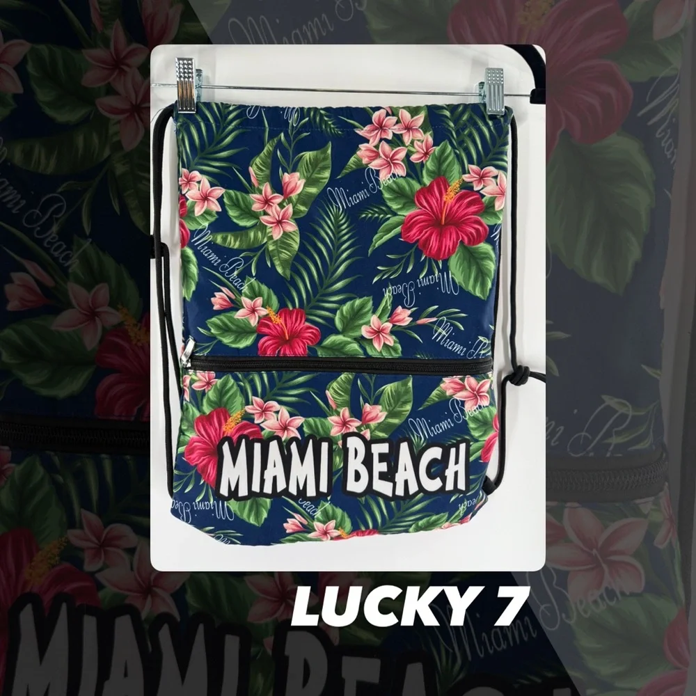 EUC Lucky 7 Tropical Print Miami Beach Drawstring Backpack